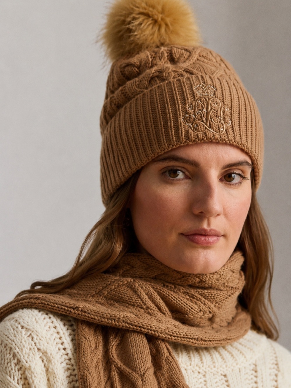 Lauren Ralph Lauren Cable Knit Faux Fur Pom Pom Beanie Camel With Logo Like New!